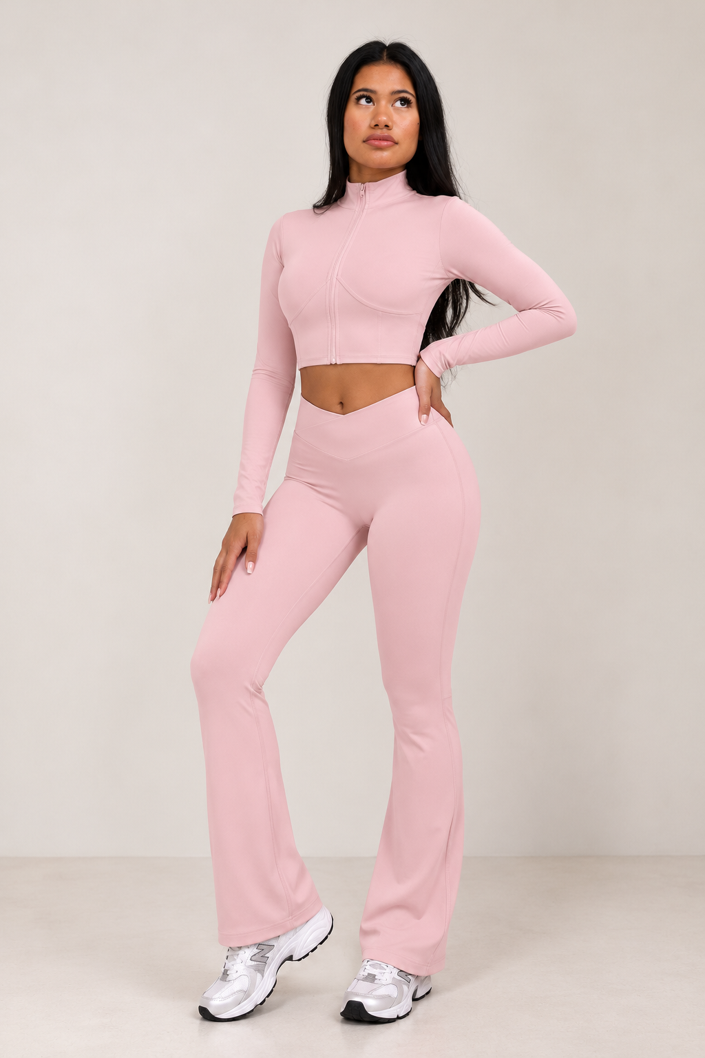 Luxe Contour Zip-Up Flare Set in blush pink